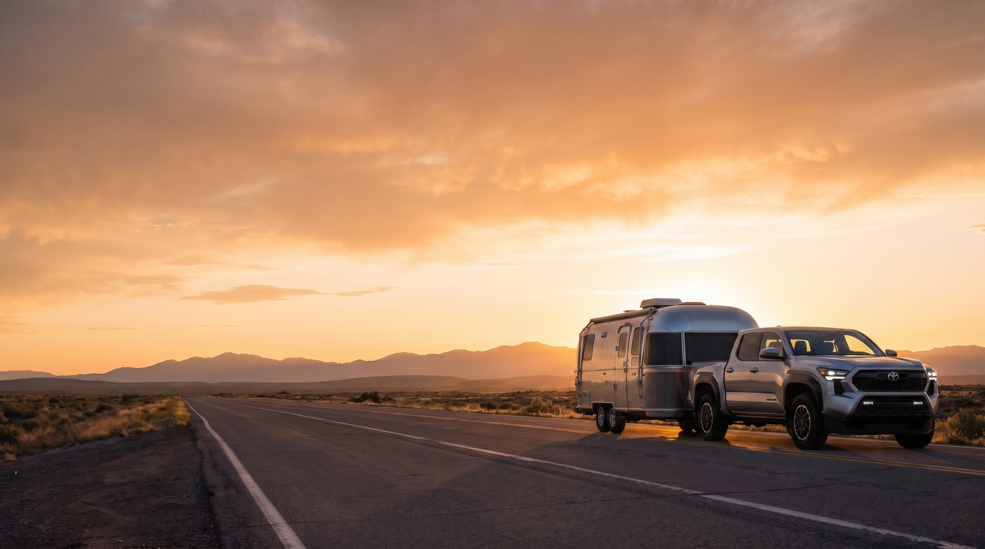 Truck towing a silver travel trailer down a rural highway at golden hour, Labor Day Sale hero