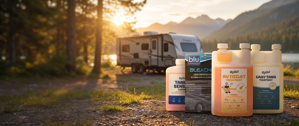 BluTech Complete Tank System Reset Kit bundle at an RV campsite hero banner